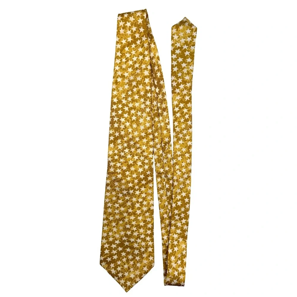Henry Grethel Star Pattern 100% Italian Silk Mens Tie Gold White 57"L - Picture 2 of 6